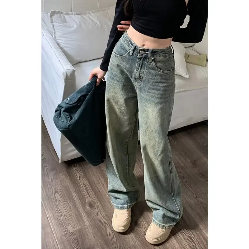 Y2K Style Jeans Women\'s New Niche Loose Jeans Retro High Street Straight High-Waisted Trousers Wide-Leg Pants