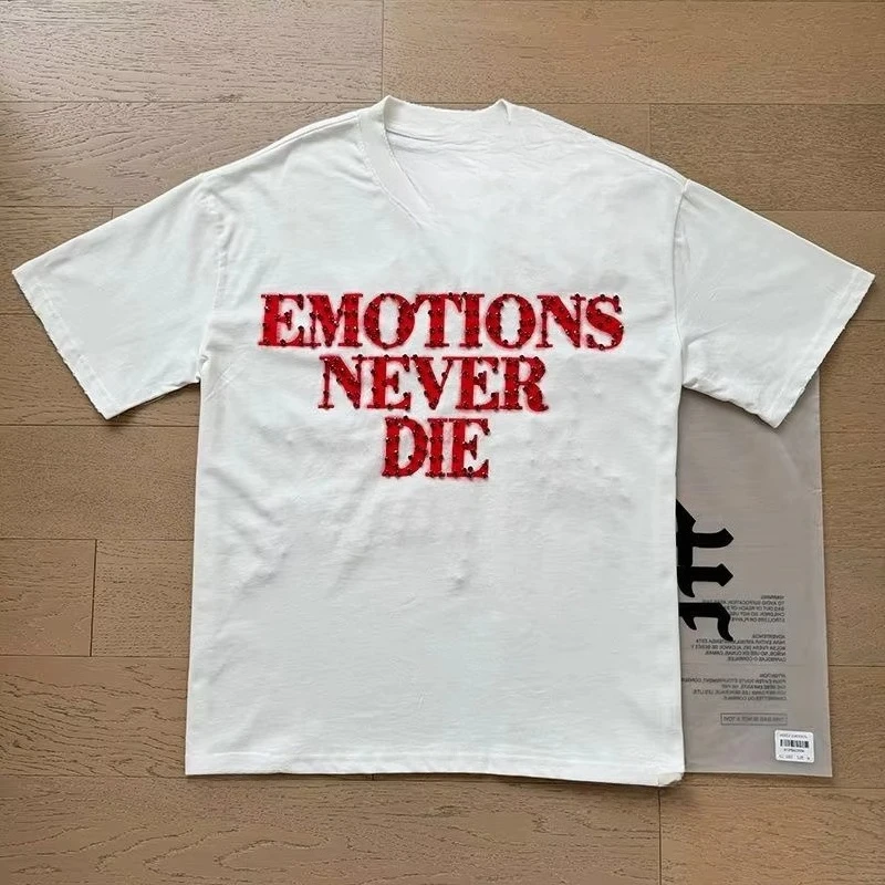 Men Oversized White Distressed T‑Shirt EMOTIONS NEVER DIE Text Graphic V‑Neck Loose Short Sleeve Casual Daily Streetwear Tees