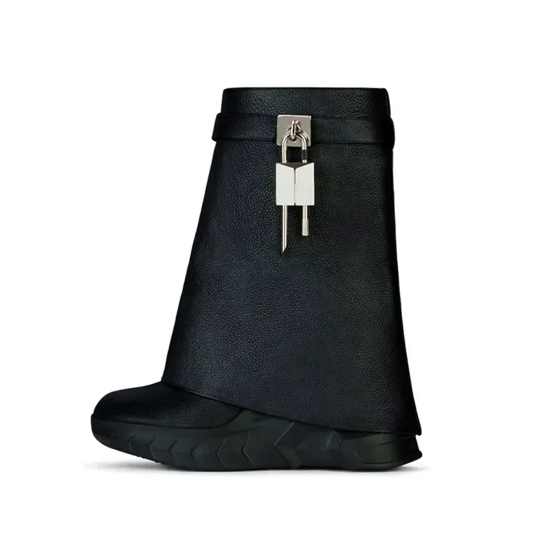 2025New Fashion Thick Sole Leather Short Boots Round Head Shark Boots Women's Slope Heel High Heel Women's Long Boots