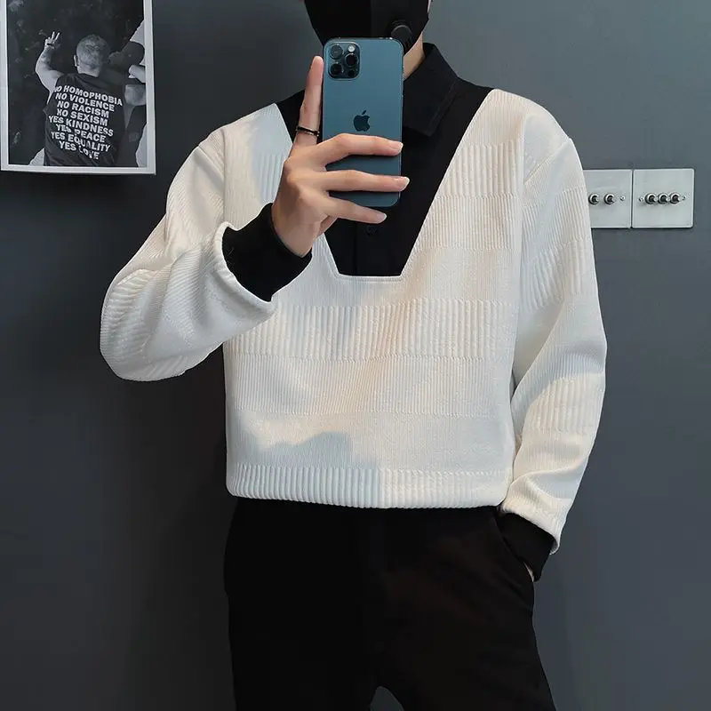 Contrasting Colors Spliced Knitted Pullovers Men's Clothing Turn-down Collar Autumn Winter Fashion Button Casual Loose Sweaters