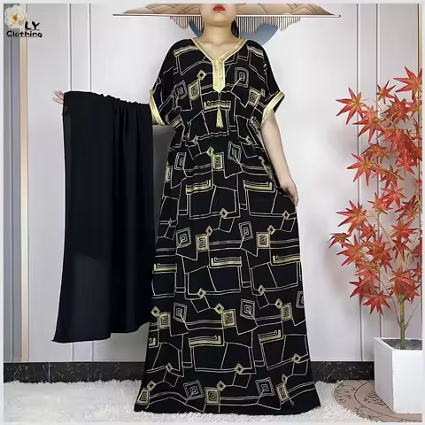 New Muslim Summer Abaya Women Dubai Islamic Embroidery Dress Short Sleeve Cotton Woman Elegant Evening Party Dress With Scarf