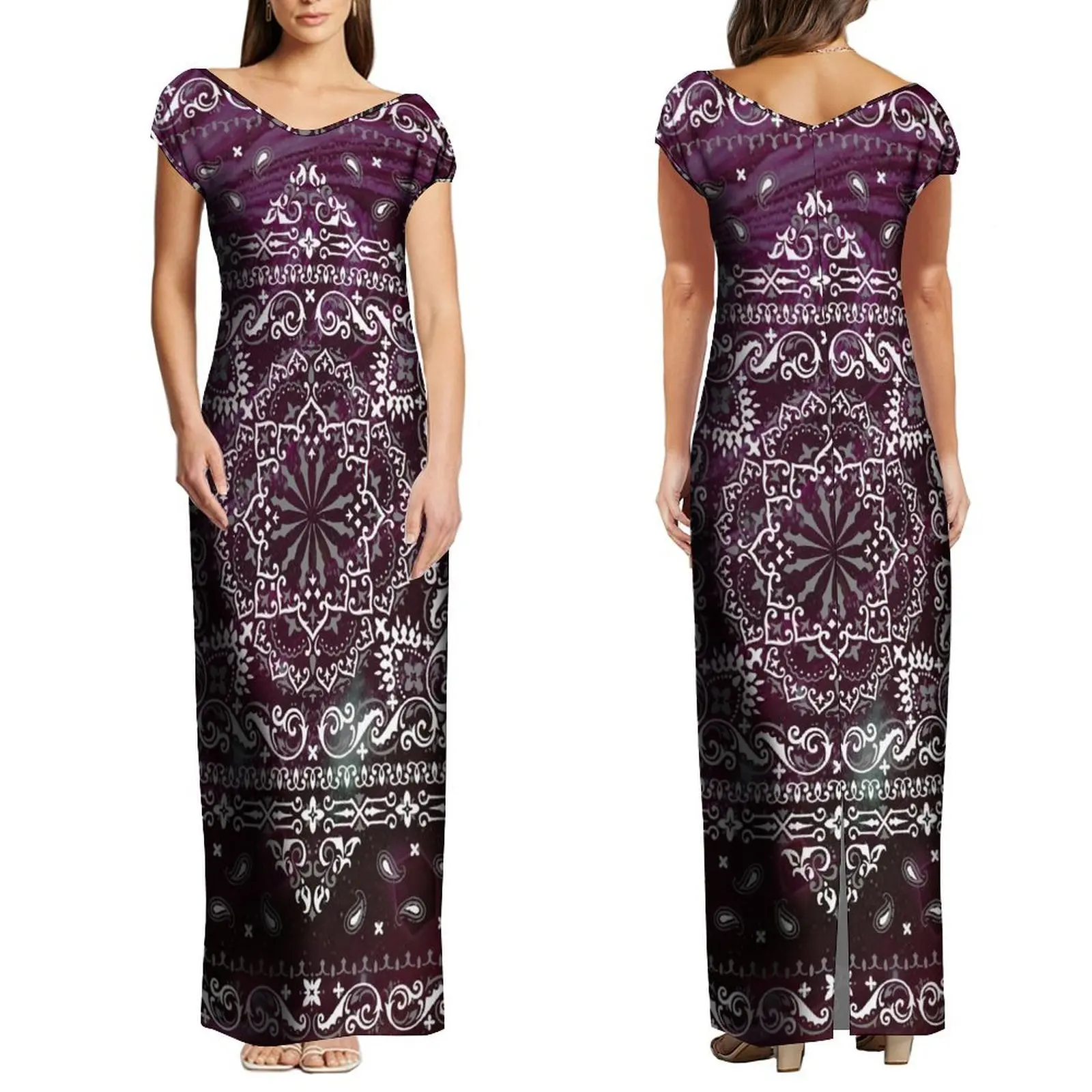 Belastingvrij nieuw ontwerp op maat grote maat bandana print jurk dames elegante grote v-hals off-shoulder split lange maxi-jurk