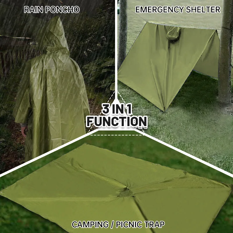 3 in 1 Multifunctional Raincoat Waterproof Rain Poncho Jacket Outdoor Hiking Camping Clothes Shelter Tent Emergency Rainwear