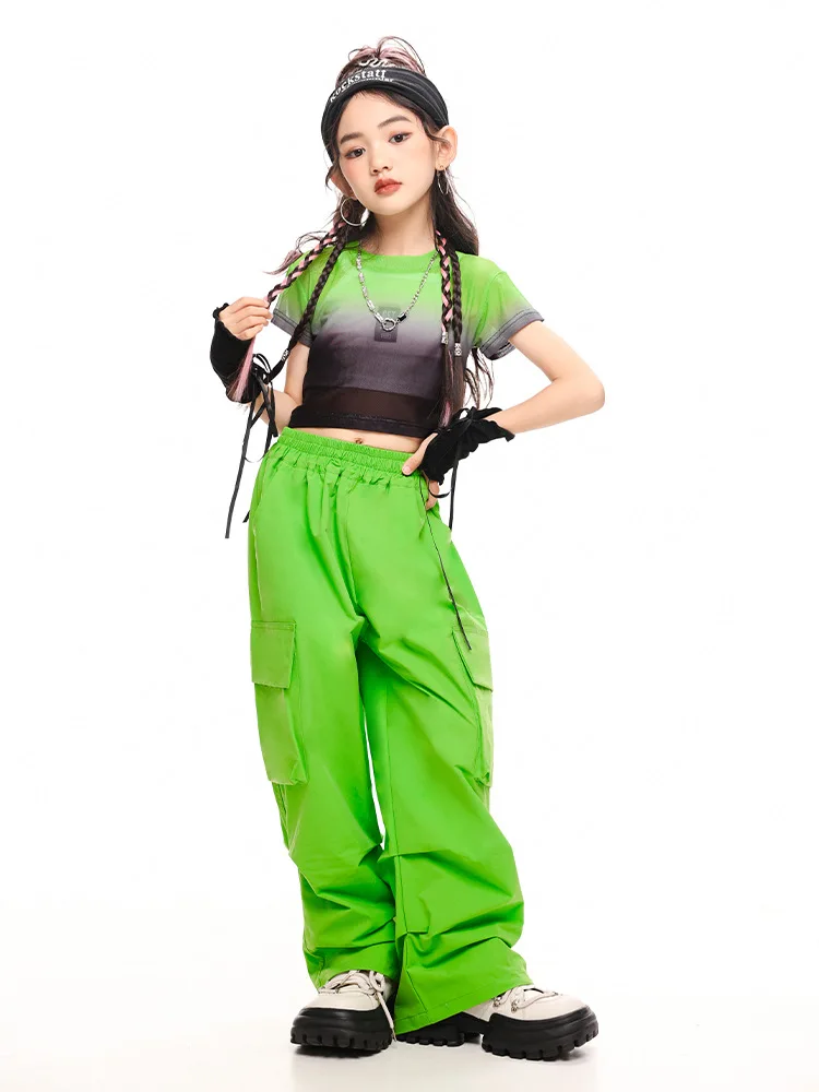 Kinderen Cool Hiphop Semi-Transparante Mesh Crop Top T-Shirt Groen Casual Cargobroek Met Ruches Voor Meisjes Jazz Dans Kostuum Kleding