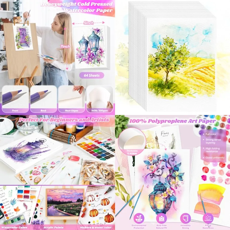 64 Sheets Watercolor Paper, Water Color Paper, 140lb/300gsm Artist Sketch Easel Acrylic Painting Bulk, Art Supplies for Child A