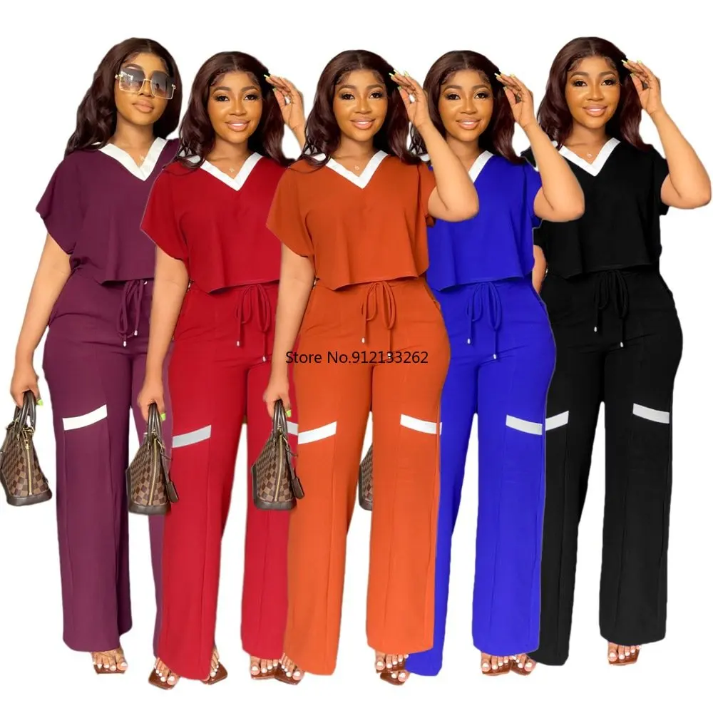 Dashiki African Clothes for Women Summer Elegant African Women Short Sleeve V-neck Polyester 2 PCS Sets Top +Pant African Suit