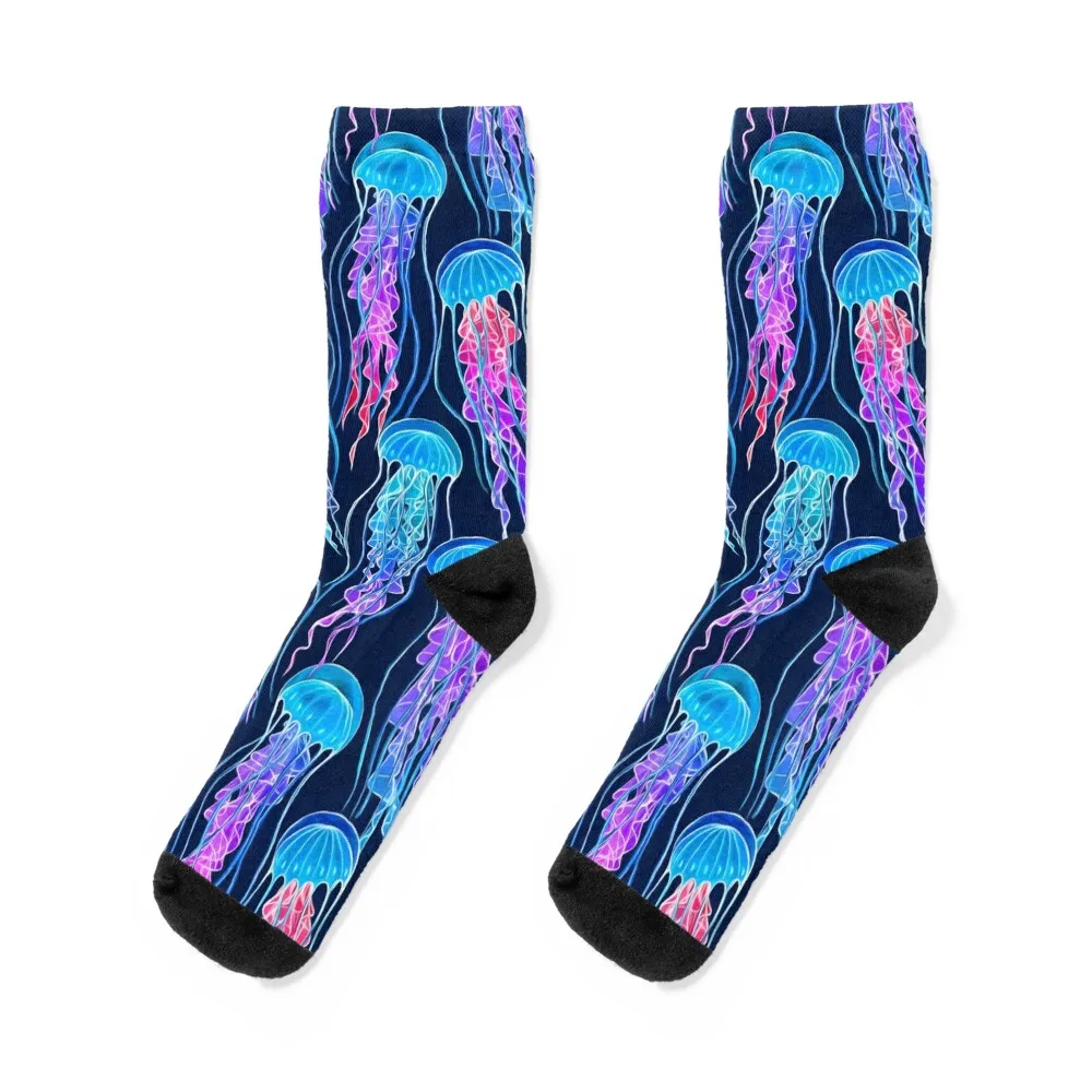 

Luminescent Rainbow Jellyfish on Navy Blue Socks tennis warm winter floral hip hop Ladies Socks Men's