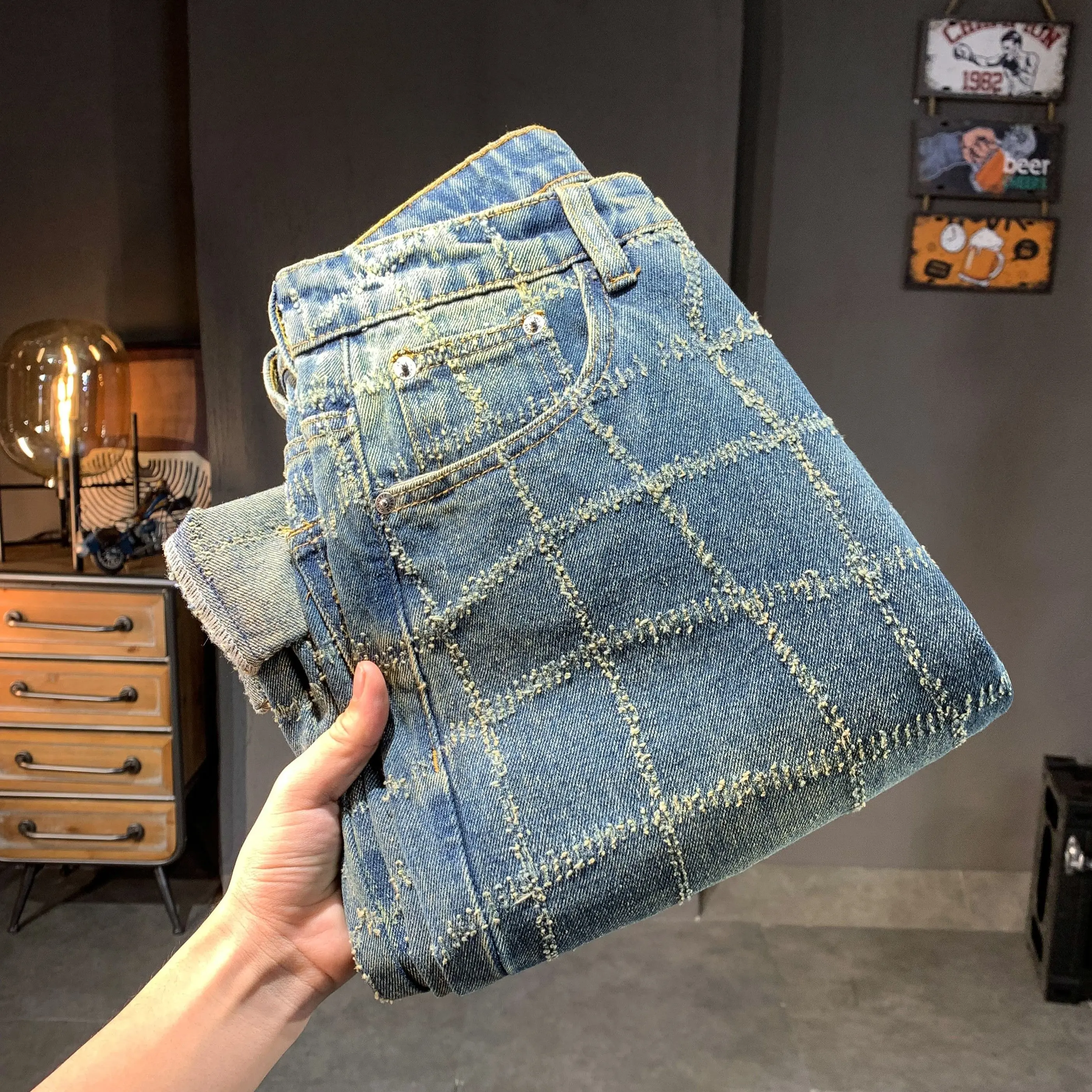 Ripped Wash Jeans For Male Plaid Pattern Mid Rise Denim Pants Male's European Apparel