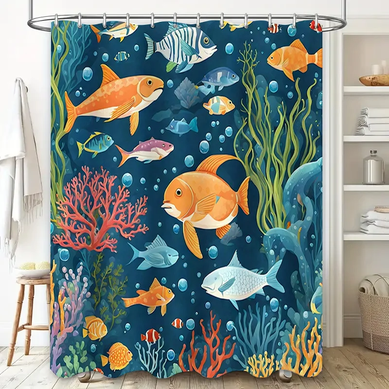 ستارة دش عالمية تحت الماء مطبوعة مرجانية على شكل سمكة نابضة بالحياة لديكور الحمام قماش مقاوم للماء مع حلقات بمقاسات مختلفة متوفرة #2