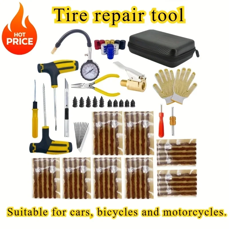 

Многоцелевой комплект для ремонта шин с резиновыми полосками, инструменты, плоскогубцы, манометр для автомобиля, велосипеда, мотоцикла. Ручки для большинства повреждений шин