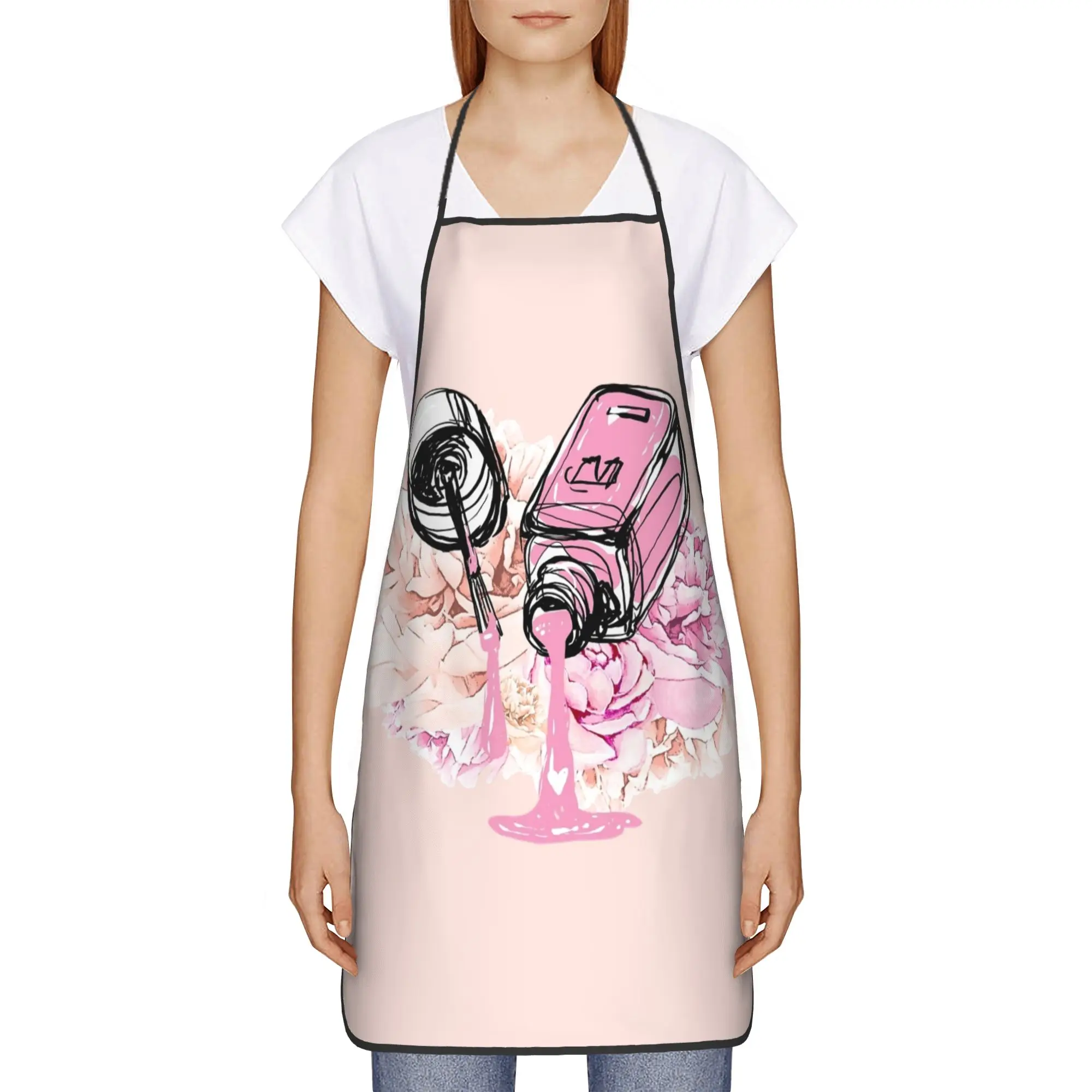 

Nail Art Blush Pink Nail Polish Peony Flowers Bib Apron Oil-Proof Polyester Kitchen Accessories Unisex Adult Fashion Hairstylist