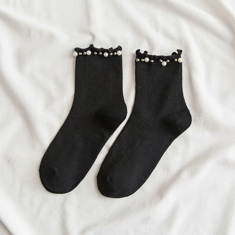 Thicken Cotton Lace Vertical Stripe Casual Girls Fungus Socks Middle Tube Hosiery Korean Style Socks College Style Hosiery