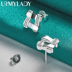 URMYLADY 925 Sterling Silver Square Zircon Stud Earrings For Women Wedding Party Fashion Jewelry