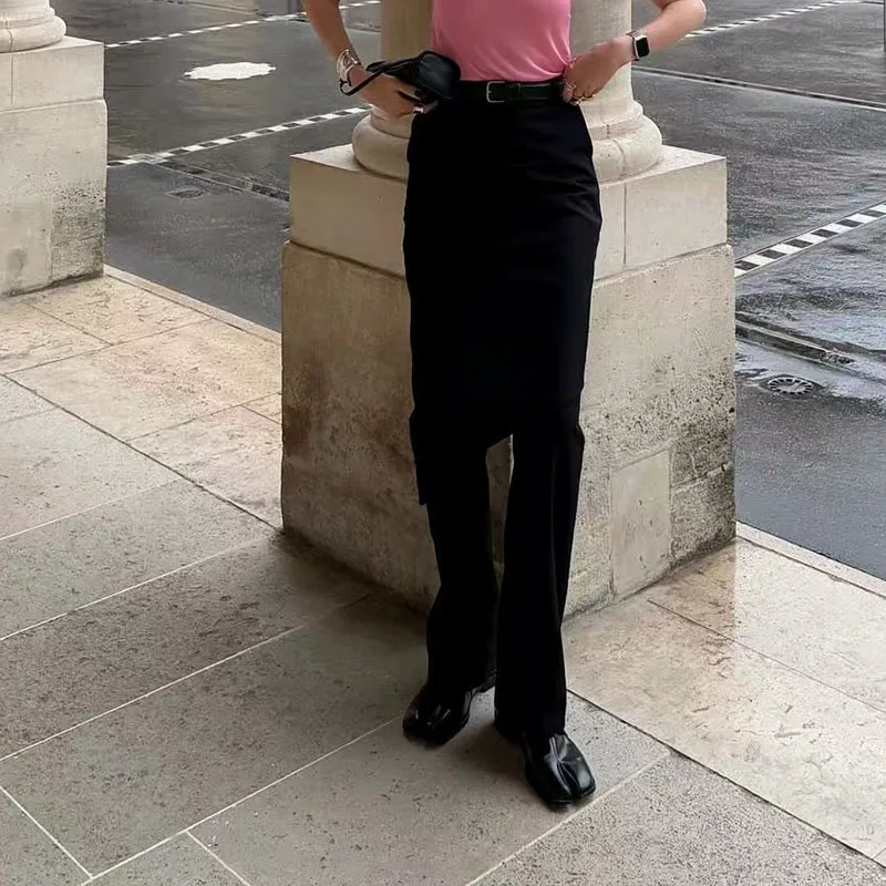 2025 خريف/شتاء جديد تنورة غير متناظرة المرقعة فو قطعتين عالية الخصر مستقيم الساق فستان كاجوال بسيط السراويل