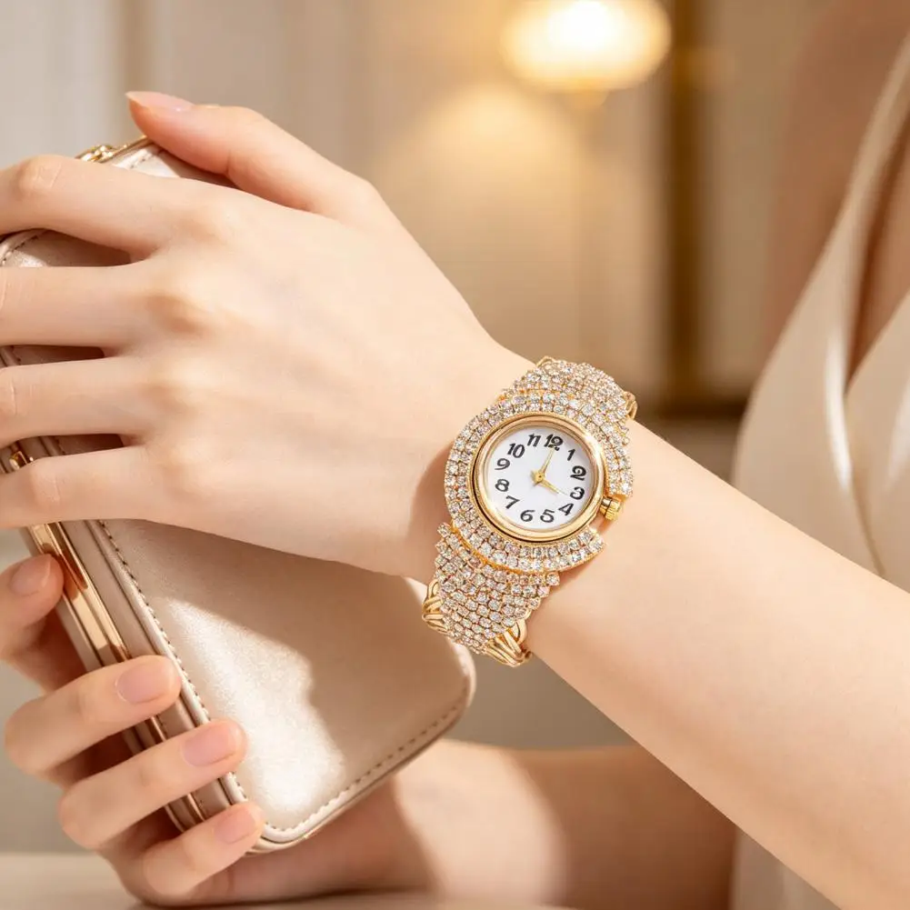 Women Wrist Watches Round Dial Watch Women Rhinestone Bangle Watch Iced Out Bracelet Wristwatch Round Dial Analog for Ladies