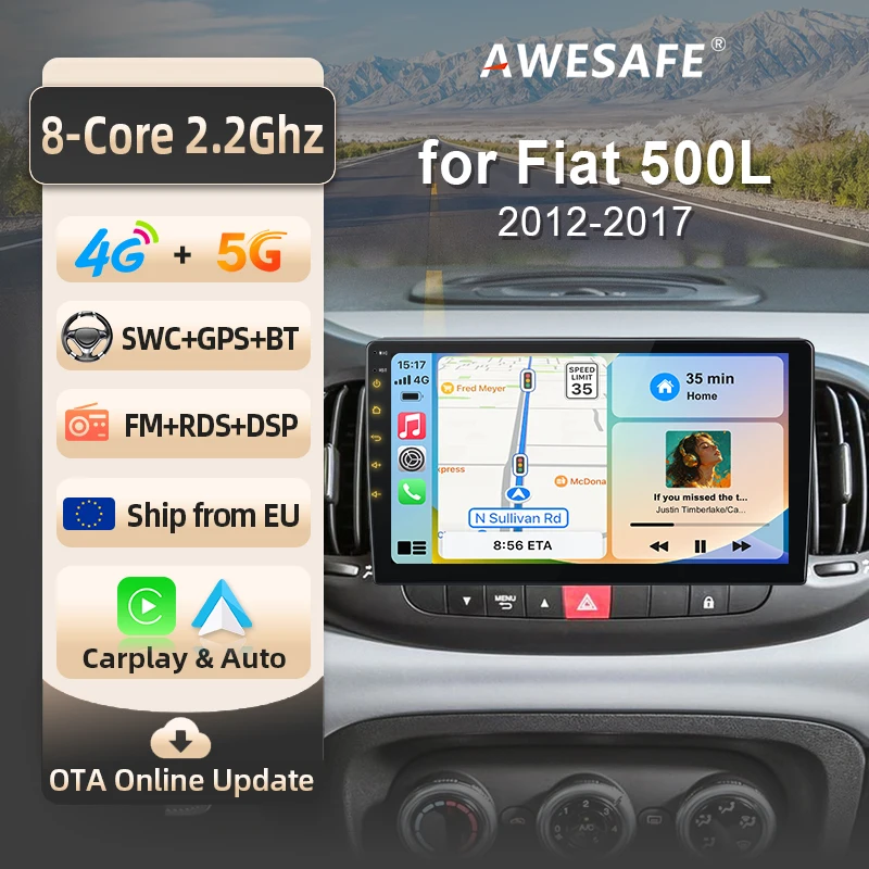Autoradio Android Auto pour Fiat 500L 2012 2013 2014 2015 2016 2017, système intelligent multimédia sans fil Apple CarPlay, écran tactile IPS, lecteur vidéo stéréo, autoradio 2 Din, navigation BT GPS 4G WIFI FM AM DSP RDS SWC