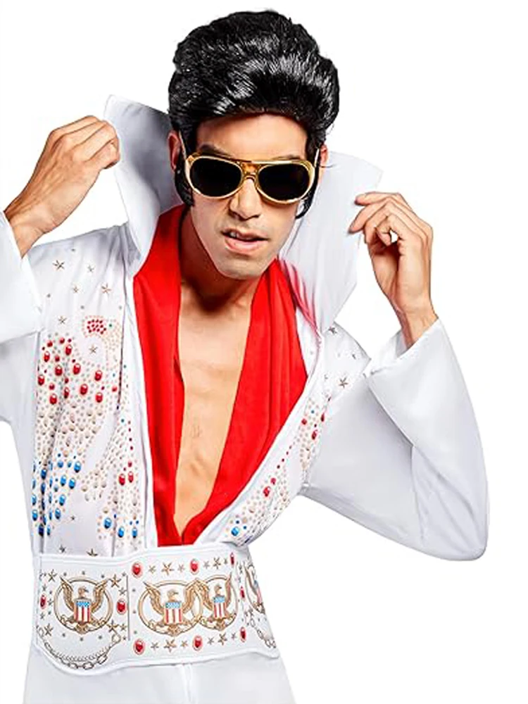 Elvis Black Wig + Glasses + Necklace +Wig Cap for Men's 1950s Disco PartyHeat Resistant Synthetic Short Men Wig