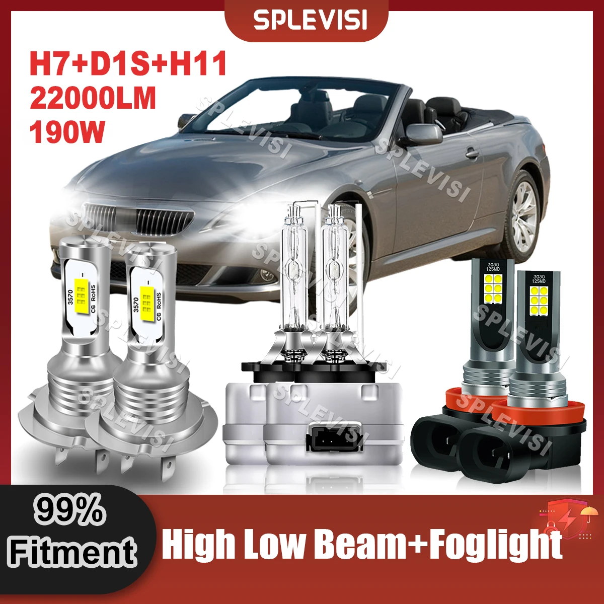 

SPLEVISI Automobile LED Headlight Bulbs H7 High D1S Xenon Lamp Low Beam H11 Foglight Brighter White For BMW 650i 2008 2009 2010