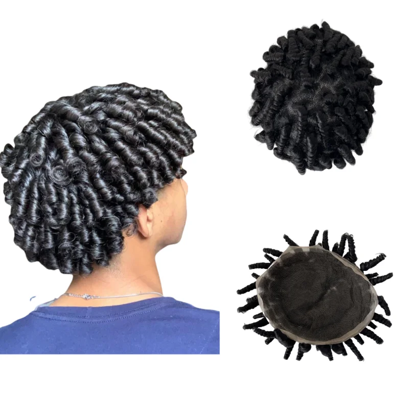 

Brazilian Virgin Human Hair Replacement #1 Jet Black Color Spiral Curl Toupee 8x10 Full Lace Units Soft Dreadlcoks for Black Men