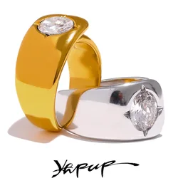 Yhpup Cast Stainless Steel Geometric Wide Ring for Women Chunky Shiny Cubic Zirconia Charm Fashion Gold Color Jewelry Party Gift