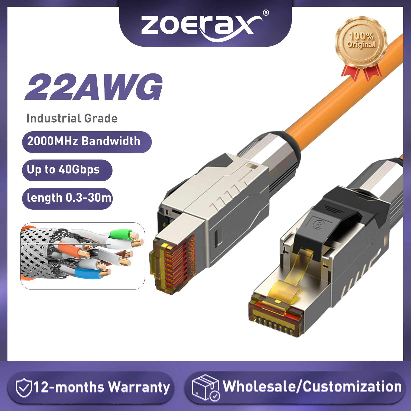 

Патч-кабель Ethernet ZoeRax Cat8 S/FTP 22AWG с двойным экранированием, твердый кабель | 2000 МГц 2 ГГц 40 Гбит/с | Сеть Ethernet LAN 5-го поколения