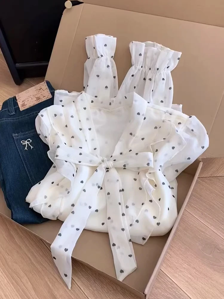 

Elegant Knot Heart Shaped Shirt Women's Spring Fashion Flounce Hem Top Self-Keeping Trendy Korean Style Loose Fit