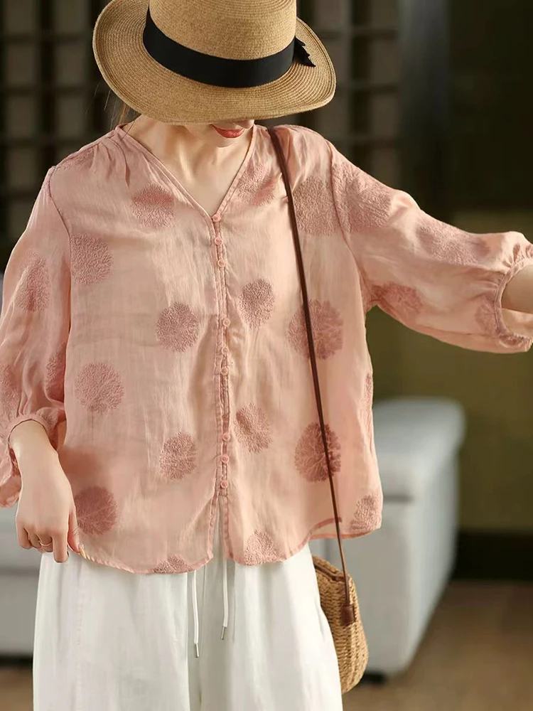100% Ramie Frauen Casual Shirt Neue Ankunft 2025 Sommer Vintage Stil V-ausschnitt Floral Stickerei Lose Weibliche Tops Shirts M1691