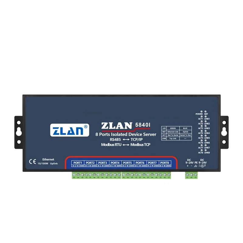 เครื่องแปลง RS485 8พอร์ตหลายช่องเป็นอีเธอร์เน็ต tcp/ip Modbus อุตสาหกรรมแยก ZLAN5840I เกตเวย์