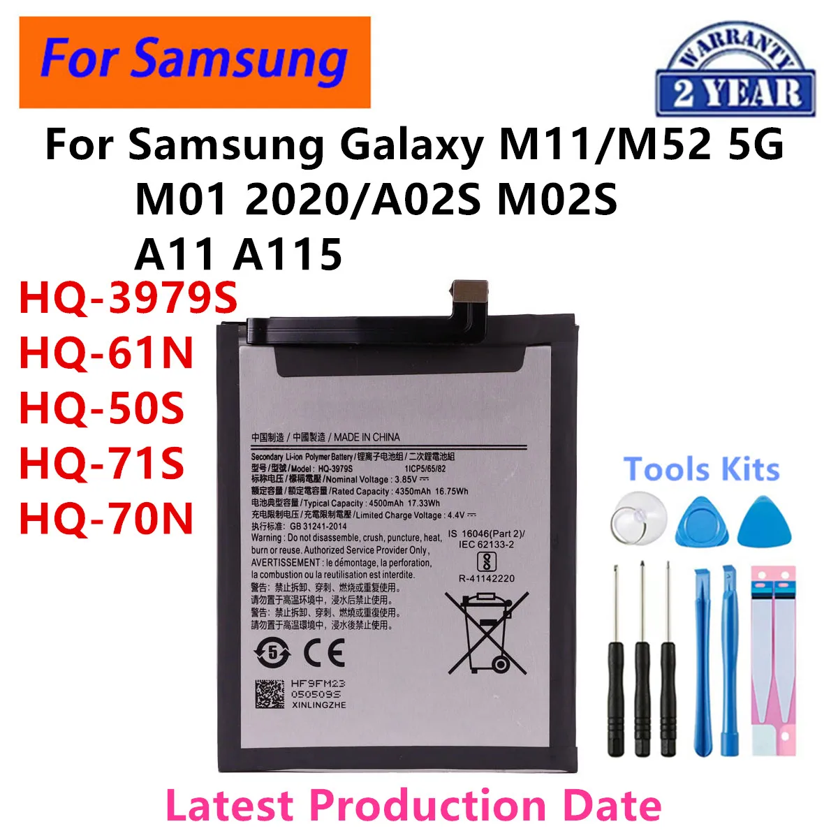 Brand New HQ-3979S/61N/50S/71S/70N For Samsung Galaxy F52  M01 2020 A02S M02S (M025) F02S M11  A11 A115 SM-A115 Batteries+Tools