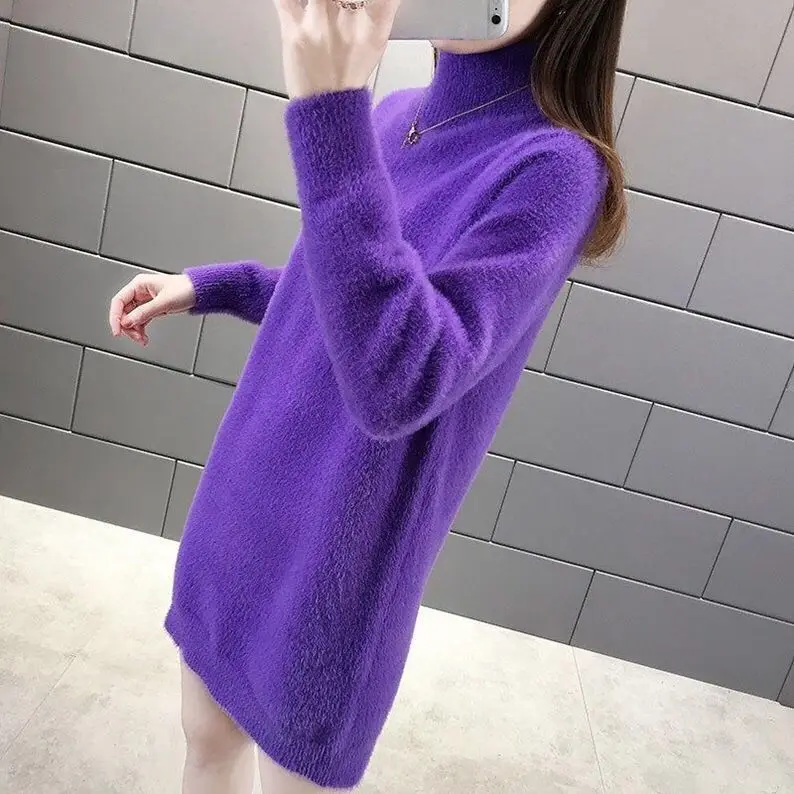 Mink Fur Medium Long Sweater for Women Loose Fit New Fashionable and Lazy Style Half High Neck Autumn and Winter Thick Base