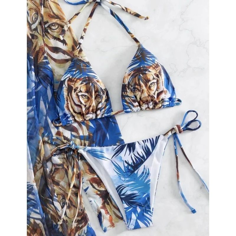 Print 3 Piece Bikini Set Women Swimsuit Sexy Split Triangle Lace Up Micro Bikini Mesh Cover Up 2025 New Beach Lady Bathing Suit