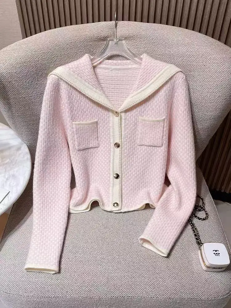 

Pink Soft Sweater Jacket Fashion Sailor Collar Knitted Cardigan Women Spring Autumn Temperament Single Breasted Long Sleeved Top