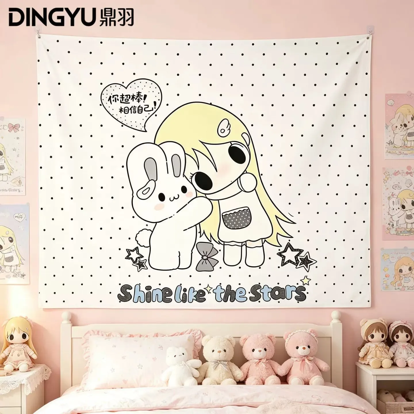 Kawaii Japanese Cartoon Girl Bunny Tapestry Polka Dot Wall Hanging Aesthetic Cute Wall Tapestry for Girls Bedroom Dorm Decor