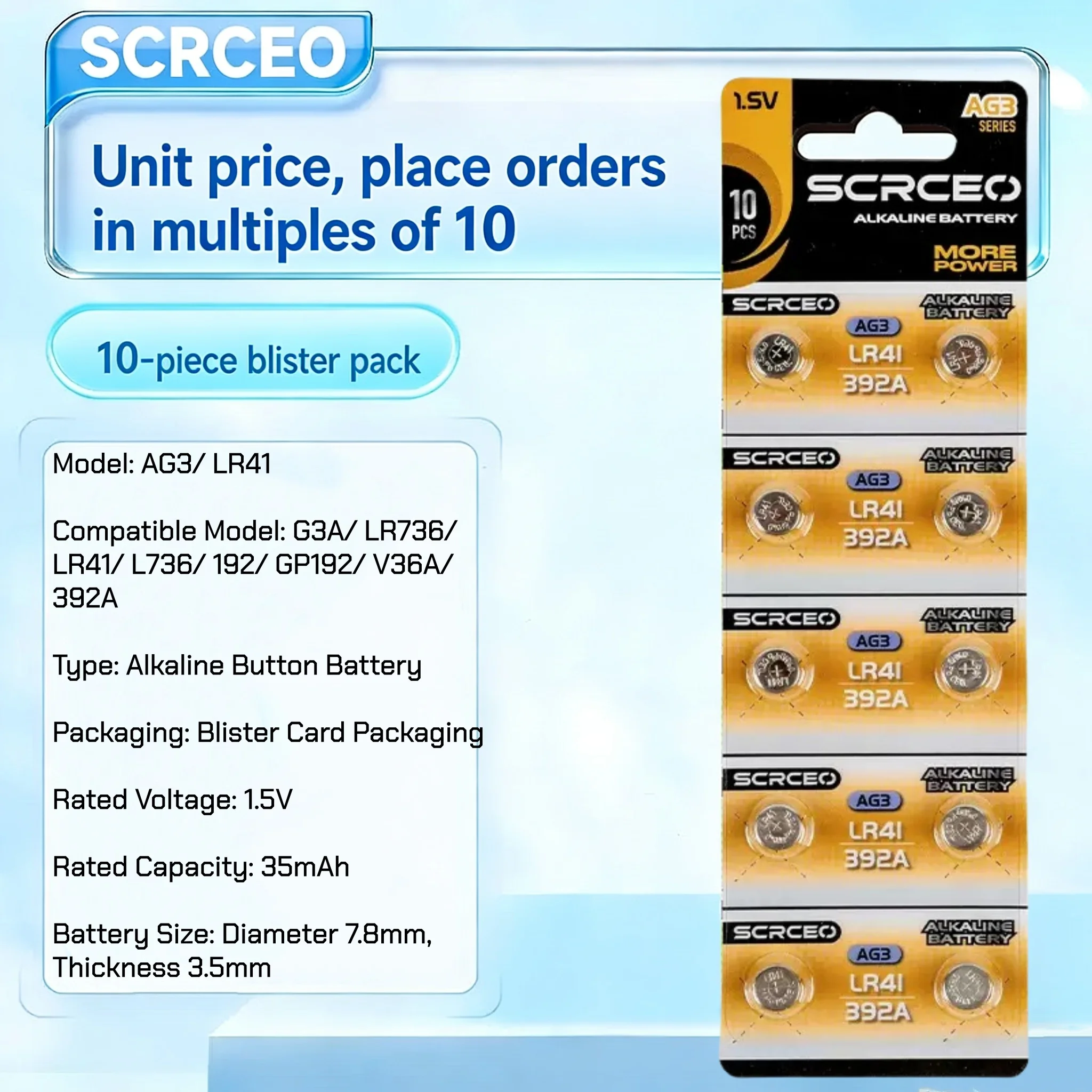 AG3 LR41 SR41SW L736 392 Alkaline Button Cell Battery 1.55V 35mAh Coin Cell for Watch Calculators LED Light Leak-Proof Design
