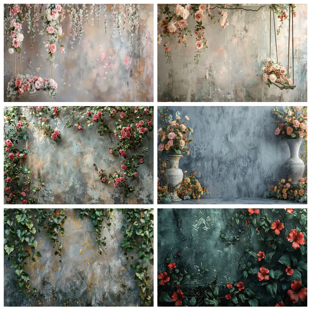 

Retro Oil Painting Flowers Photography Backdrop Green Vine Watercolor Painting Flower Wedding Party Maternity Photo Background
