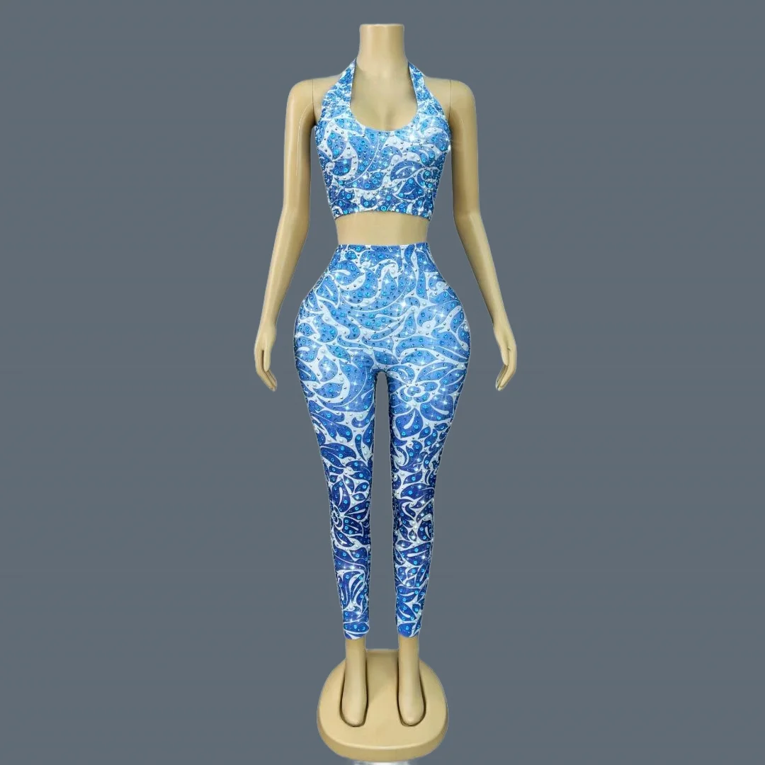 

Crop Tops Tight Fitting Pants 2Pieces Set Sparkly Blue Rhinestone Printing Dance Club Party Outfit Stage Show Wear Qingyanhua