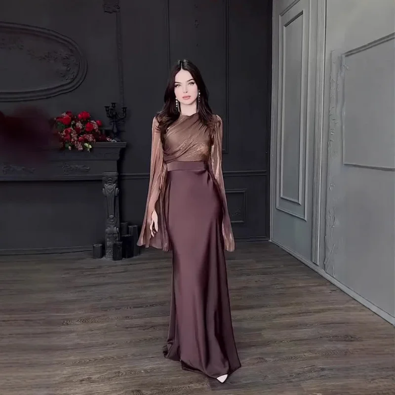 

Autumn Patchwork Glass Yarn Long Sleeve Slim Dress European And American Style Large Flare Satin Dress