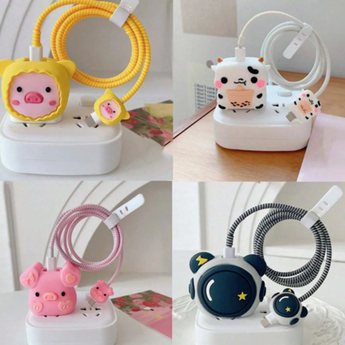 4pcs/Set 3D Cute Cartoon Fast Charger Protector 18W 20W For IPhone Charging Cable Head Cover Accessory Charge Cable Protector