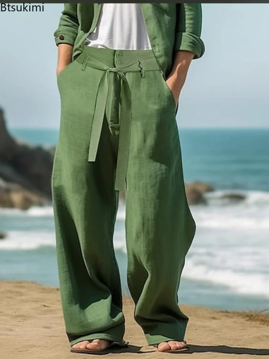 

2024, весна-лето, дышащие повседневные брюки, мужские приморские пляжные однотонные льняные брюки, модные прямые брюки для отдыха на шнуровке