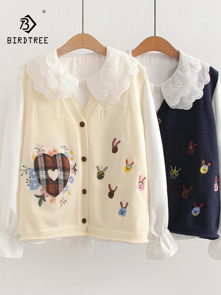 

New 2025 Winter Cotton Shirt Knit Vest Set, Women V Neck Cute Embroidery, Mori Girl Chic Age Reduction Loose Blouse Set S5N727CC