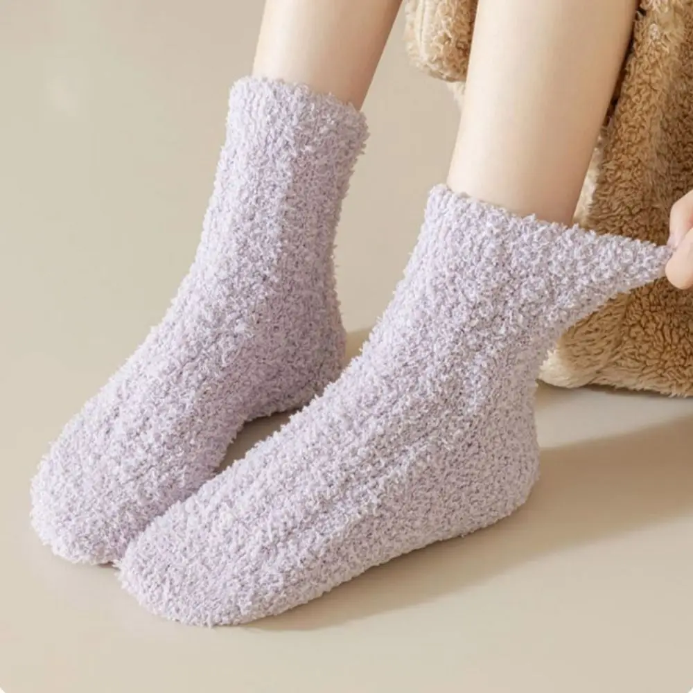 4Pairs Kawaii Thickened Coral Fleece Socks Winter Simple Floor Plush Socks Hosiery Sleeping Mid Tube Socks Women Winter