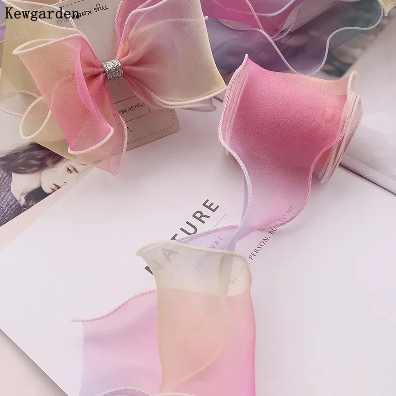 Kewgarden Wholesale Discolor Rainbow Voile Ribbon Handmade Tape DIY Hair Bowknot Flower Packing Accessories 6cm *38 Yards