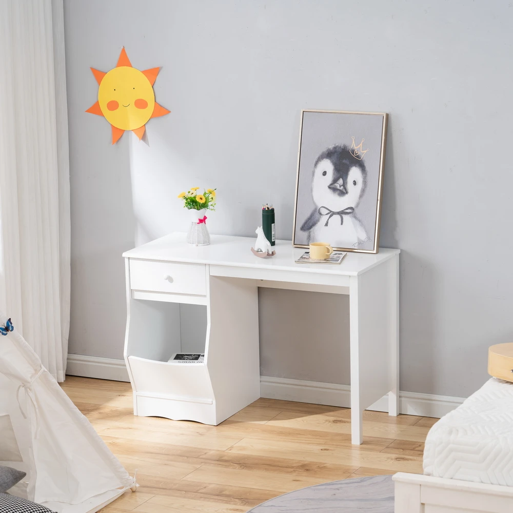 Painted Simple Student Learning Table Kids Study Desk White with Drawers and Storage Function 108x49x73.5CM[US-Stock]