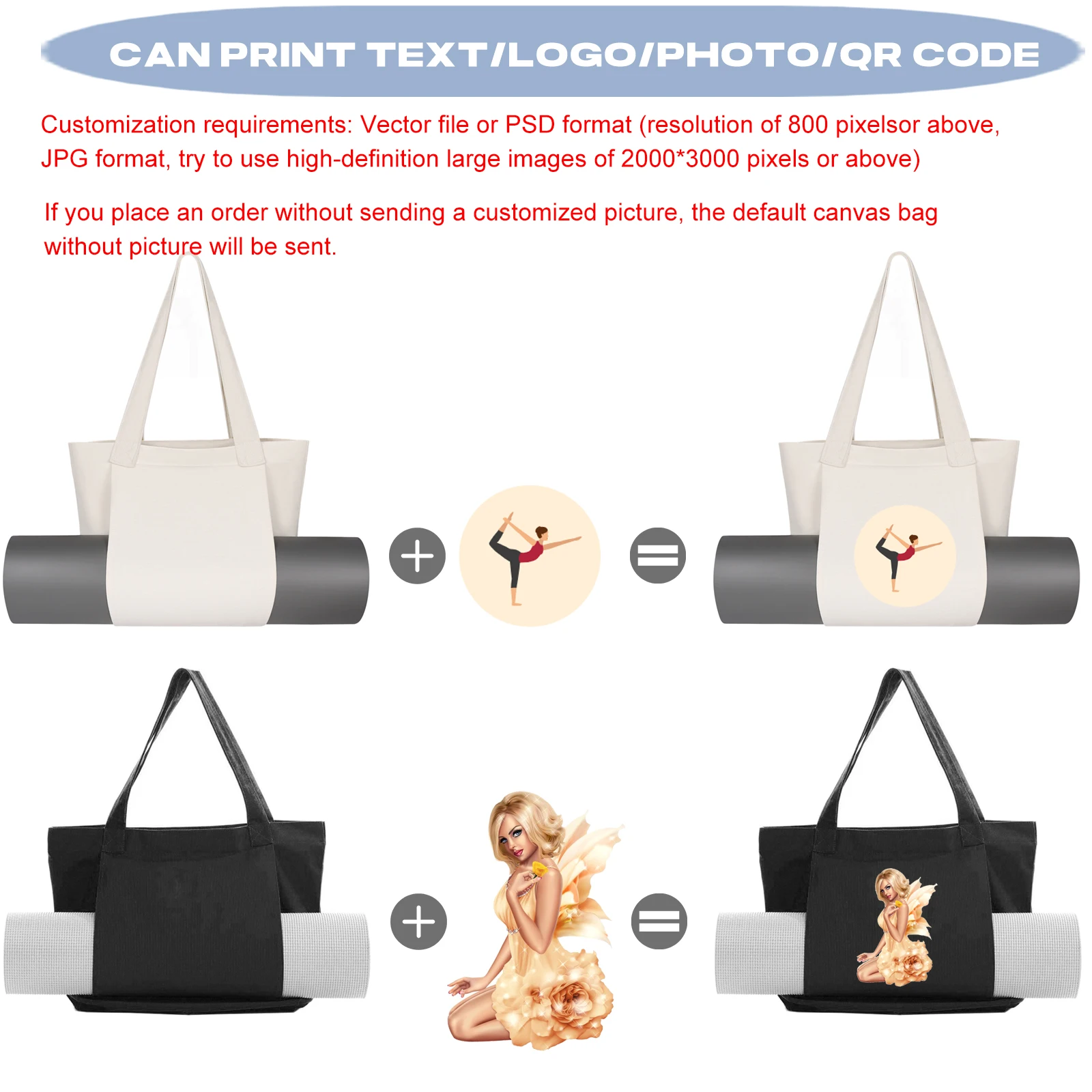 Custom Logo Big Canvas Yoga Mat Bag Gym Shopping Beach Travel Handbags Free Design Print DIY Personal Picture Name Gifts