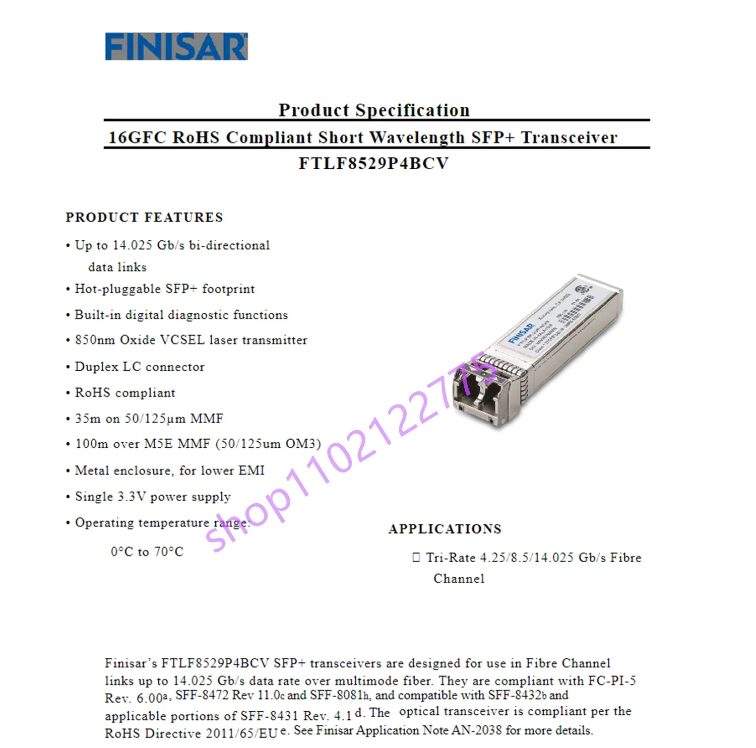 Модуль Finisar SFP 16g FTLF8529P4BCV/многомодовый 850 нм SW оптоволоконный канал 16 ГБ/сетевой адаптер-переключатель Оптоволоконный модуль