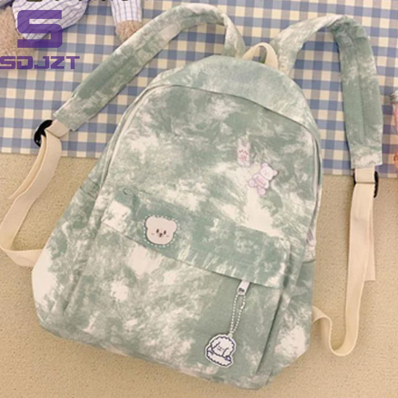 Canvas Retro Tie Dye Dames School Dubbele Rugzak Dames Effen Kleur Meisje Junior High School Rugzak