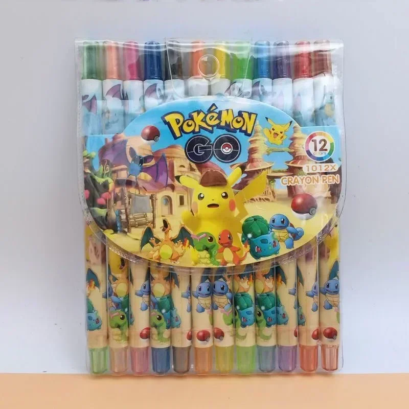 12pcs Pokemon Water Color Pen Stationery Rotating Crayon 12 Colors Student Painting Pen Pikachu School Kids Birthday Gifts