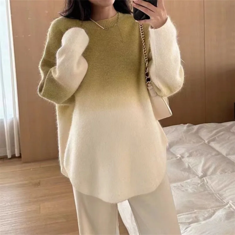 Korean Fashion Gradient Sweater Woman Pullovers Loose O Neck Knitwear Jumper Female Long Sleeve Soft Knit Women Sweater