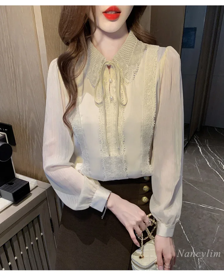 Camicetta in Chiffon a maniche lunghe con colletto a bambola camicia autunnale da donna 2024 nuovo temperamento superiore in pizzo europeo di fascia alta bella Blusas