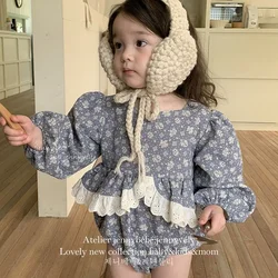 2024 New Autumn Infant Baby Girls Jumpsuit Long Sleeved Cotton Lace Splicing Toddler Baby Girl Romper 0-24M Baby Girl Clothing